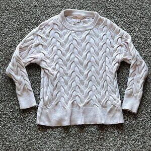 Cream/Baby Pink Small Cable Knit Sweater with Ribbed Neckline